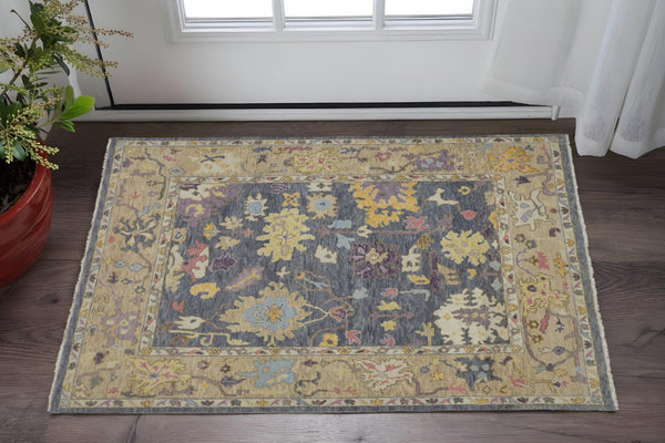 HomeRoots 4' Hand-Knotted Wool Oriental Area Rug in Rich Gold, Blue, and Purple - Timeless Elegance for Any Room 2' X 3' 566247