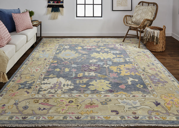 Homeroots 2' X 3' Gold Blue And Purple Wool Oriental Hand Knotted Area Rug With Fringe Gold Wool 566247