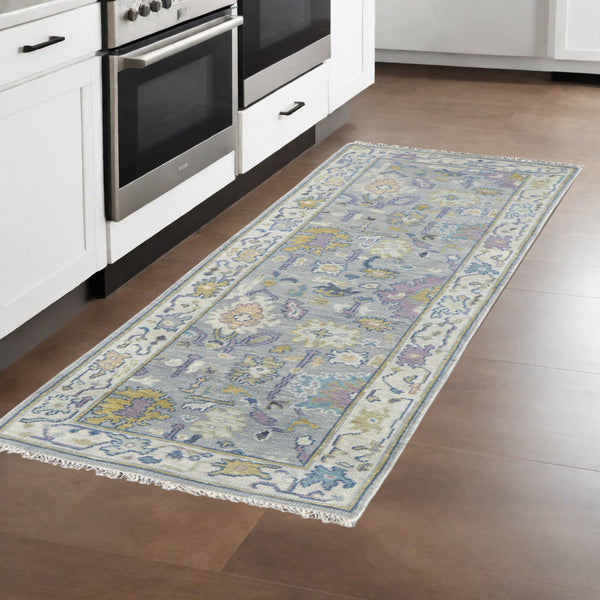 Homeroots 8' Purple Gray And Gold Wool Oriental Hand Knotted Runner Rug With Fringe Gray Wool 566253