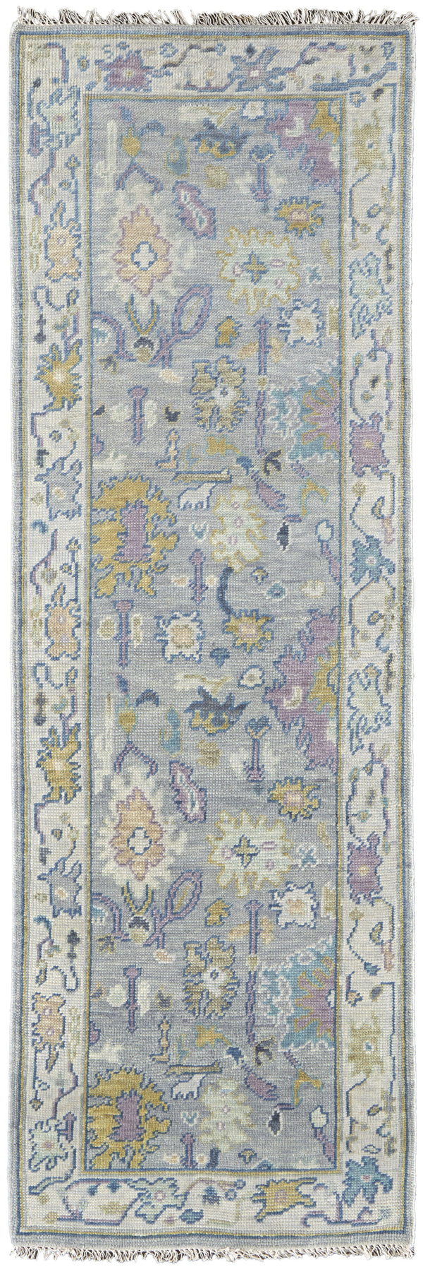 Homeroots 8' Purple Gray And Gold Wool Oriental Hand Knotted Runner Rug With Fringe Gray Wool 566253