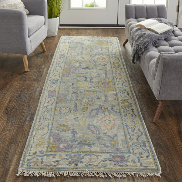 Homeroots 8' Purple Gray And Gold Wool Oriental Hand Knotted Runner Rug With Fringe Gray Wool 566253