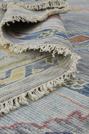 HomeRoots 4' Hand-Knotted Wool Oriental Area Rug in Gray-Blue and Red with Elegant Tasseled Fringe Design 8' Runner 566261
