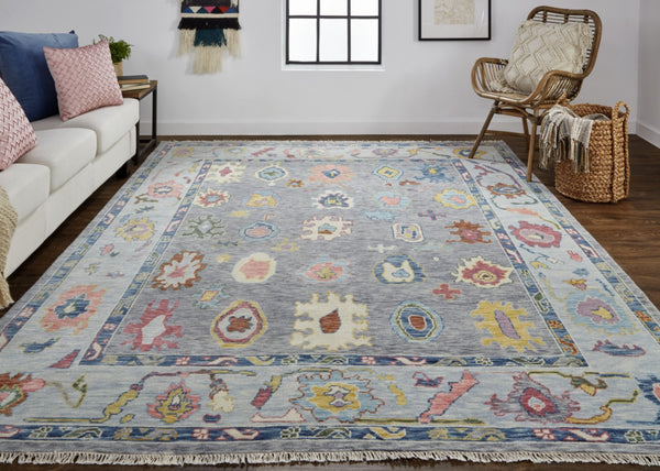HomeRoots 4' Hand-Knotted Wool Oriental Area Rug in Gray-Blue and Red with Elegant Tasseled Fringe Design 8' Runner 566261