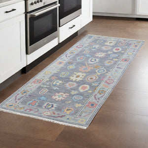 HomeRoots 4' Hand-Knotted Wool Oriental Area Rug in Gray-Blue and Red with Elegant Tasseled Fringe Design 8' Runner 566261