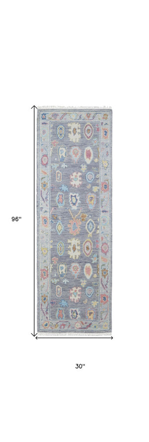 HomeRoots 4' Hand-Knotted Wool Oriental Area Rug in Gray-Blue and Red with Elegant Tasseled Fringe Design 8' Runner 566261