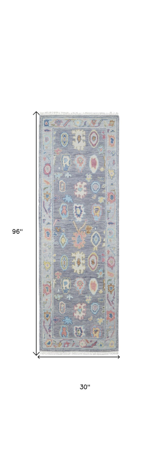 HomeRoots 4' Hand-Knotted Wool Oriental Area Rug in Gray-Blue and Red with Elegant Tasseled Fringe Design 8' Runner 566261