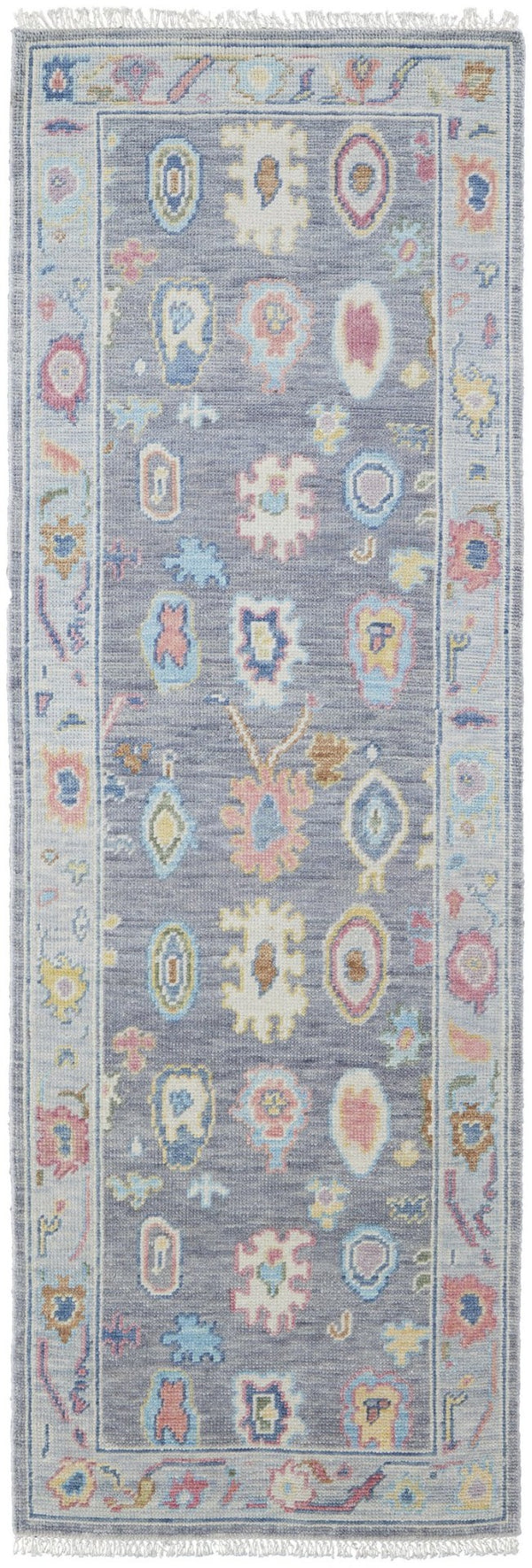 HomeRoots 4' Hand-Knotted Wool Oriental Area Rug in Gray-Blue and Red with Elegant Tasseled Fringe Design 8' Runner 566261