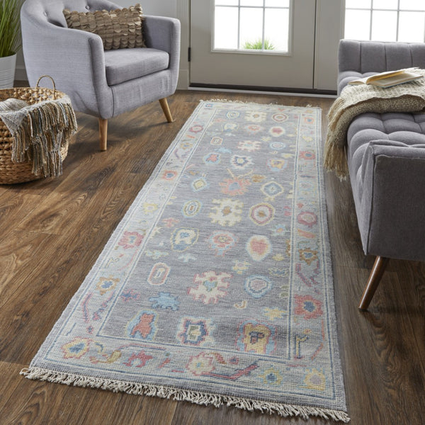 HomeRoots 4' Hand-Knotted Wool Oriental Area Rug in Gray-Blue and Red with Elegant Tasseled Fringe Design 8' Runner 566261