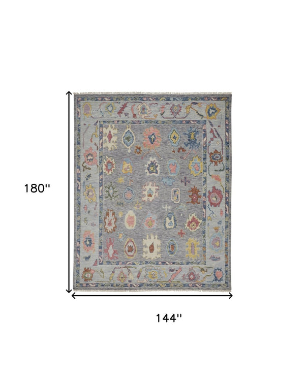 HomeRoots 4' Hand-Knotted Wool Oriental Area Rug in Gray-Blue and Red with Elegant Tasseled Fringe Design 12' X 15' 566262