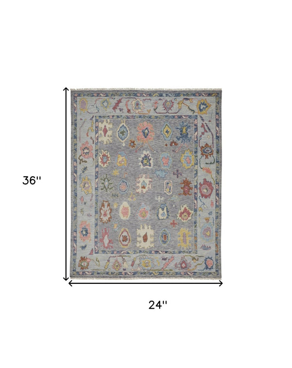 HomeRoots 4' Hand-Knotted Wool Oriental Area Rug in Gray-Blue and Red with Elegant Tasseled Fringe Design 2' X 3' 566263