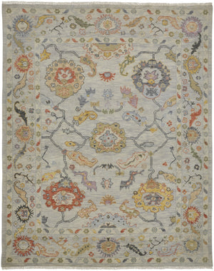 HomeRoots 4' Timeless Gray Red and Yellow Hand-Knotted Wool Oriental Rug with Fringe for Elegant Spaces 4' X 6' 566264