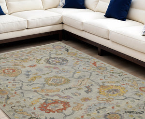 HomeRoots 4' Timeless Gray Red and Yellow Hand-Knotted Wool Oriental Rug with Fringe for Elegant Spaces 8' X 12' 566267