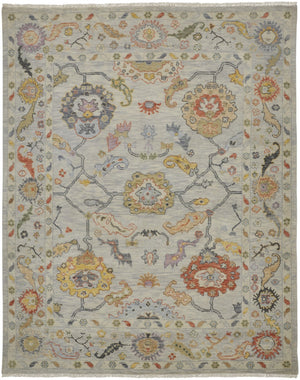 HomeRoots 4' Timeless Gray Red and Yellow Hand-Knotted Wool Oriental Rug with Fringe for Elegant Spaces 8' X 12' 566267