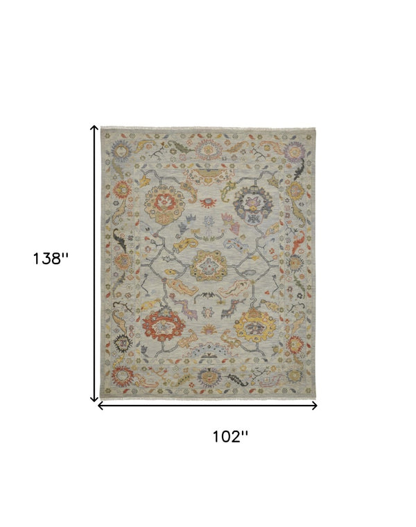HomeRoots 4' Timeless Gray Red and Yellow Hand-Knotted Wool Oriental Rug with Fringe for Elegant Spaces 8' X 12' 566267