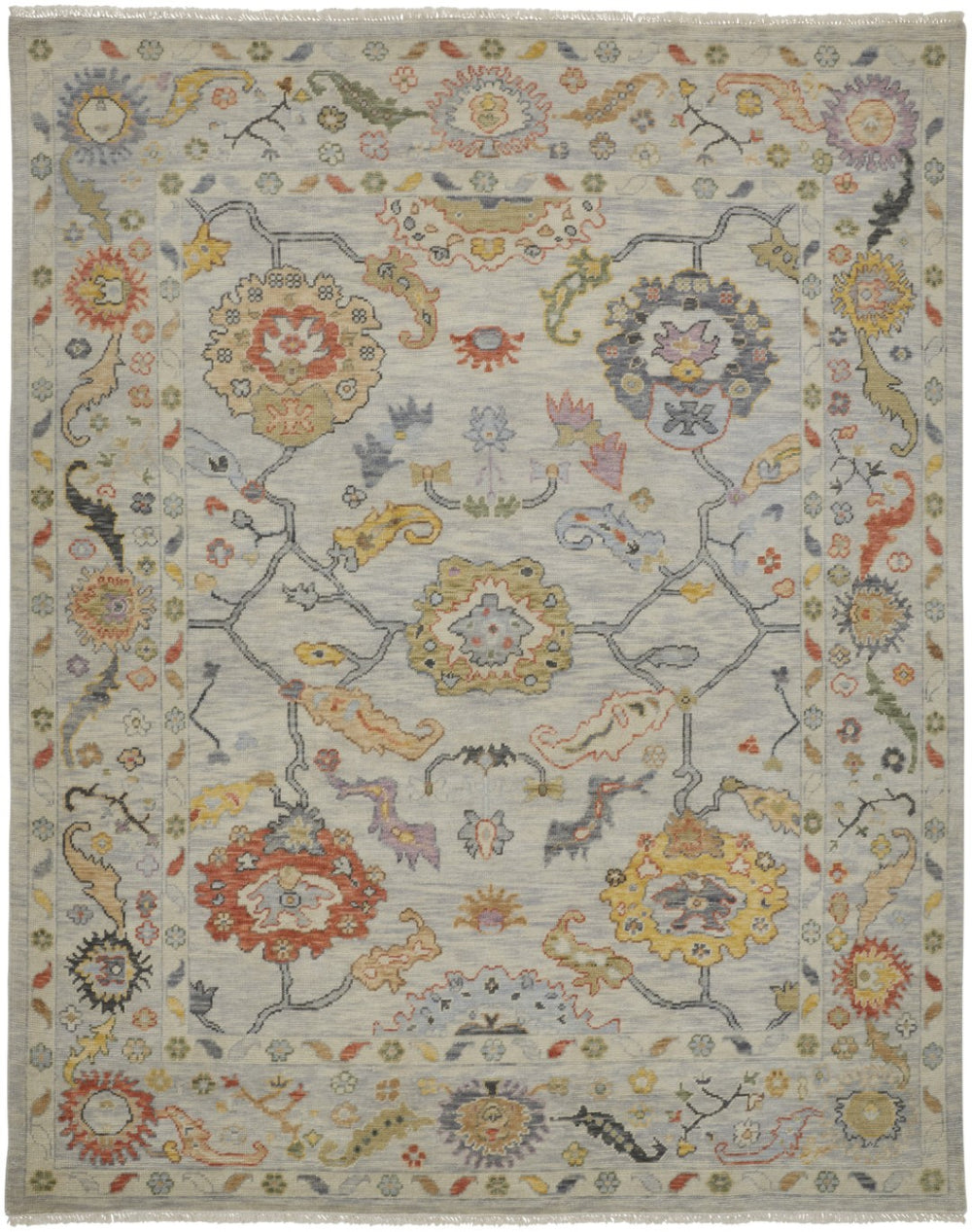 HomeRoots 4' Timeless Gray Red and Yellow Hand-Knotted Wool Oriental Rug with Fringe for Elegant Spaces 8' X 12' 566267