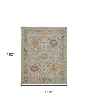 HomeRoots 4' Timeless Gray Red and Yellow Hand-Knotted Wool Oriental Rug with Fringe for Elegant Spaces 9' X 13' 566268