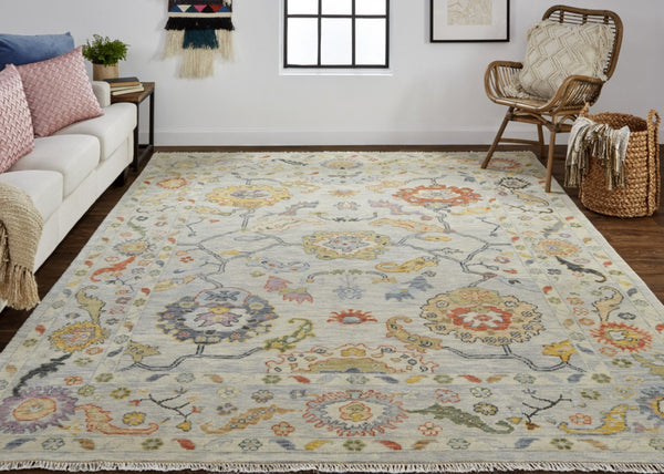 HomeRoots 4' Timeless Gray Red and Yellow Hand-Knotted Wool Oriental Rug with Fringe for Elegant Spaces 8' Runner 566269
