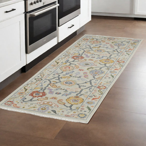 HomeRoots 4' Timeless Gray Red and Yellow Hand-Knotted Wool Oriental Rug with Fringe for Elegant Spaces 8' Runner 566269