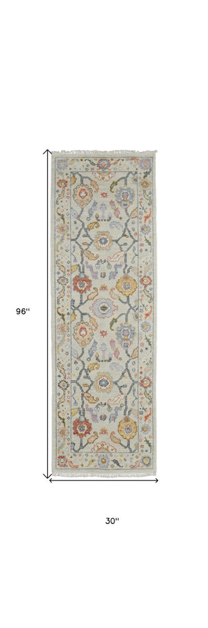 HomeRoots 4' Timeless Gray Red and Yellow Hand-Knotted Wool Oriental Rug with Fringe for Elegant Spaces 8' Runner 566269