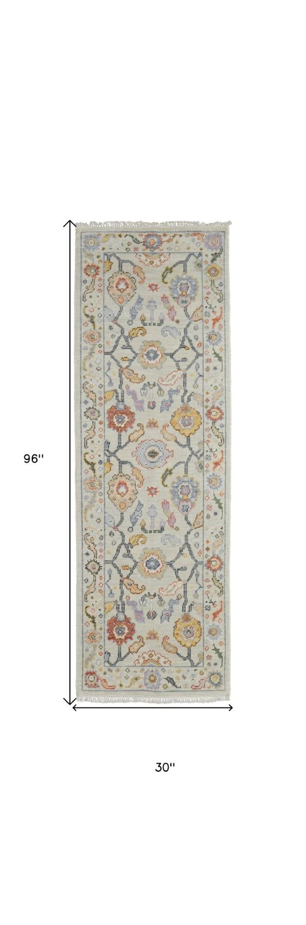 HomeRoots 4' Timeless Gray Red and Yellow Hand-Knotted Wool Oriental Rug with Fringe for Elegant Spaces 8' Runner 566269