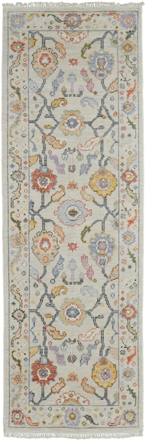 HomeRoots 4' Timeless Gray Red and Yellow Hand-Knotted Wool Oriental Rug with Fringe for Elegant Spaces 8' Runner 566269