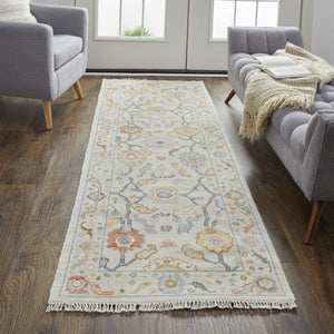 HomeRoots 4' Timeless Gray Red and Yellow Hand-Knotted Wool Oriental Rug with Fringe for Elegant Spaces 8' Runner 566269