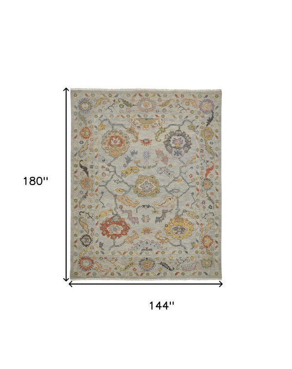 HomeRoots 4' Timeless Gray Red and Yellow Hand-Knotted Wool Oriental Rug with Fringe for Elegant Spaces 12' X 15' 566270