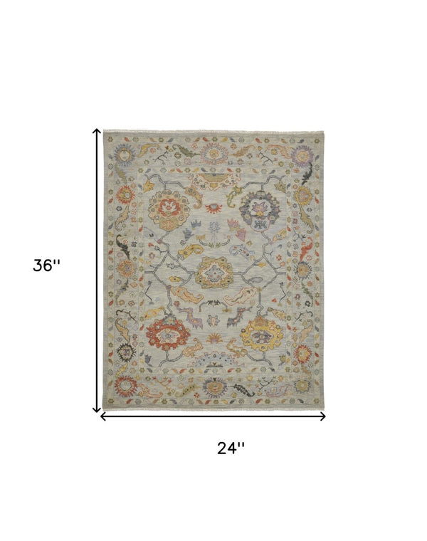 HomeRoots 4' Timeless Gray Red and Yellow Hand-Knotted Wool Oriental Rug with Fringe for Elegant Spaces 2' X 3' 566271