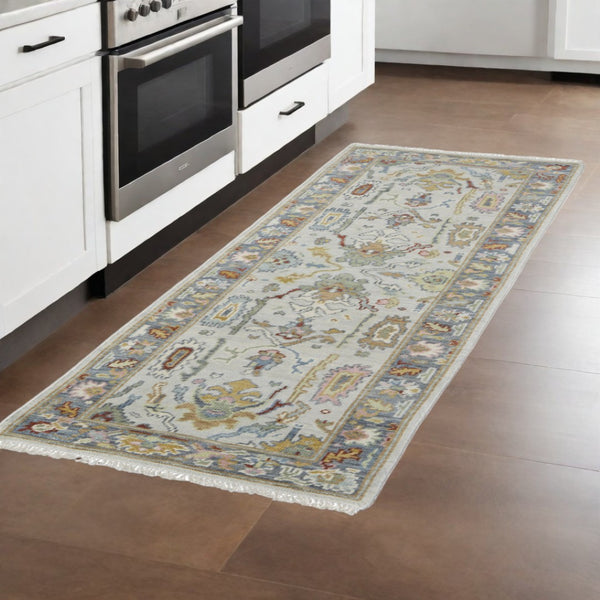 HomeRoots 4' Timeless Gray Blue and Gold Hand-Knotted Wool Oriental Area Rug with Artisan Fringed Finish 8' Runner 566277