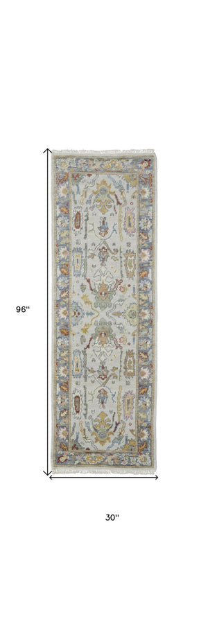 HomeRoots 4' Timeless Gray Blue and Gold Hand-Knotted Wool Oriental Area Rug with Artisan Fringed Finish 8' Runner 566277