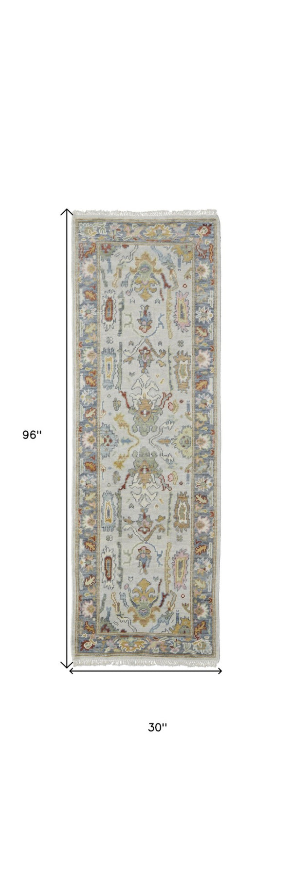 HomeRoots 4' Timeless Gray Blue and Gold Hand-Knotted Wool Oriental Area Rug with Artisan Fringed Finish 8' Runner 566277