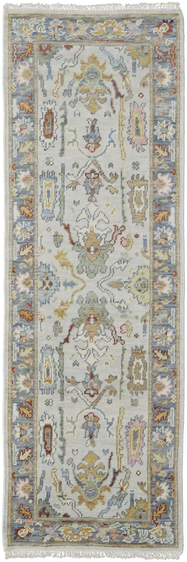 HomeRoots 4' Timeless Gray Blue and Gold Hand-Knotted Wool Oriental Area Rug with Artisan Fringed Finish 8' Runner 566277
