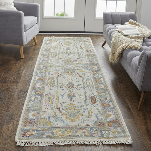 HomeRoots 4' Timeless Gray Blue and Gold Hand-Knotted Wool Oriental Area Rug with Artisan Fringed Finish 8' Runner 566277