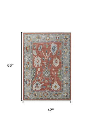 Homeroots 4' X 6' Gray Red And Ivory Wool Floral Hand Knotted Area Rug With Fringe Red Wool 566280