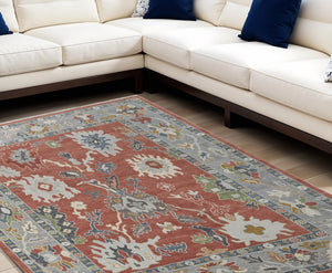 Homeroots 6' X 9' Gray Red And Ivory Wool Floral Hand Knotted Area Rug With Fringe Red Wool 566281