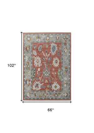 Homeroots 6' X 9' Gray Red And Ivory Wool Floral Hand Knotted Area Rug With Fringe Red Wool 566281