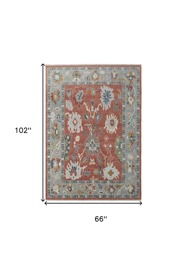 Homeroots 6' X 9' Gray Red And Ivory Wool Floral Hand Knotted Area Rug With Fringe Red Wool 566281