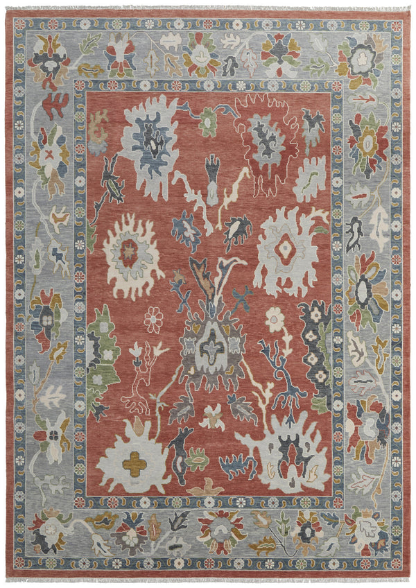 Homeroots 9' X 13' Gray Red And Ivory Wool Floral Hand Knotted Area Rug With Fringe Red Wool 566284