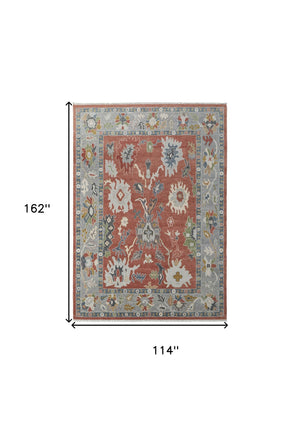 Homeroots 9' X 13' Gray Red And Ivory Wool Floral Hand Knotted Area Rug With Fringe Red Wool 566284