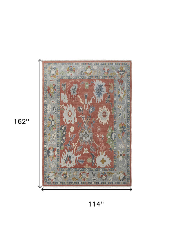 Homeroots 9' X 13' Gray Red And Ivory Wool Floral Hand Knotted Area Rug With Fringe Red Wool 566284