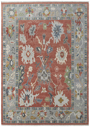 Homeroots 9' X 13' Gray Red And Ivory Wool Floral Hand Knotted Area Rug With Fringe Red Wool 566284