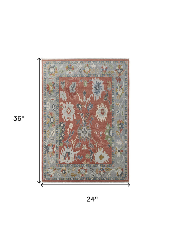 Homeroots 2' X 3' Gray Red And Ivory Wool Floral Hand Knotted Area Rug With Fringe Red Wool 566285