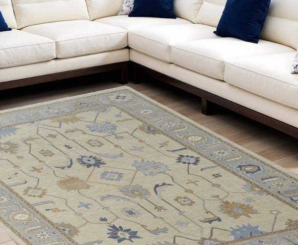 HomeRoots 4' Hand-Knotted Wool Area Rug with Floral Design in Gray, Ivory, and Blue – Timeless Elegance! 8' X 12' 566295