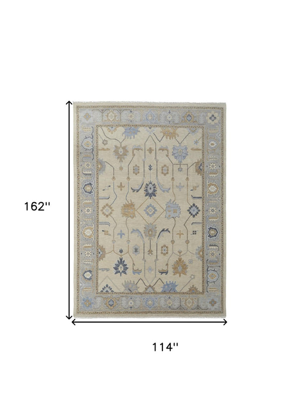 HomeRoots 4' Hand-Knotted Wool Area Rug with Floral Design in Gray, Ivory, and Blue – Timeless Elegance! 9' X 13' 566296