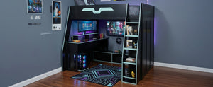 English Elm Full Size Wood Loft Bed with Rgb Lighting Desk and Multi-tier Shelves for Gaming Blue LT000374AAC