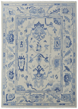 HomeRoots 4' Ivory and Blue Floral Hand-Knotted Wool Area Rug with Elegant Fringe for Timeless Home Style 8' X 10' 566300