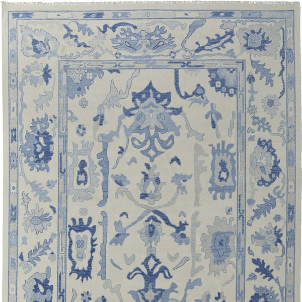 HomeRoots 4' Ivory and Blue Floral Hand-Knotted Wool Area Rug with Elegant Fringe for Timeless Home Style 8' X 12' 566301