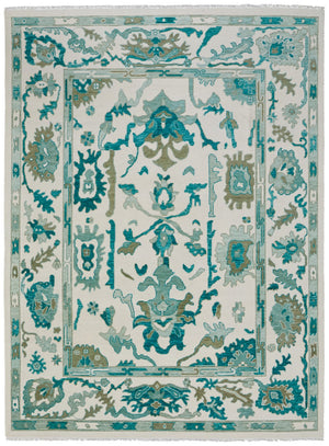 HomeRoots 4' Ivory and Blue Floral Hand-Knotted Wool Area Rug with Elegant Fringe for Timeless Home Style 8' X 10' 566306