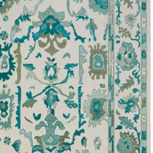 HomeRoots 4' Ivory and Blue Floral Hand-Knotted Wool Area Rug with Elegant Fringe for Timeless Home Style 8' X 12' 566307
