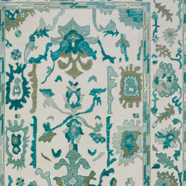 HomeRoots 4' Ivory and Blue Floral Hand-Knotted Wool Area Rug with Elegant Fringe for Timeless Home Style 9' X 13' 566308